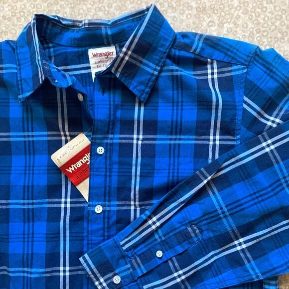 Wrangler Boys' Navy + Blue Plaid ‘Authentics’ Western Shirt; XXL - Picture 1 of 6